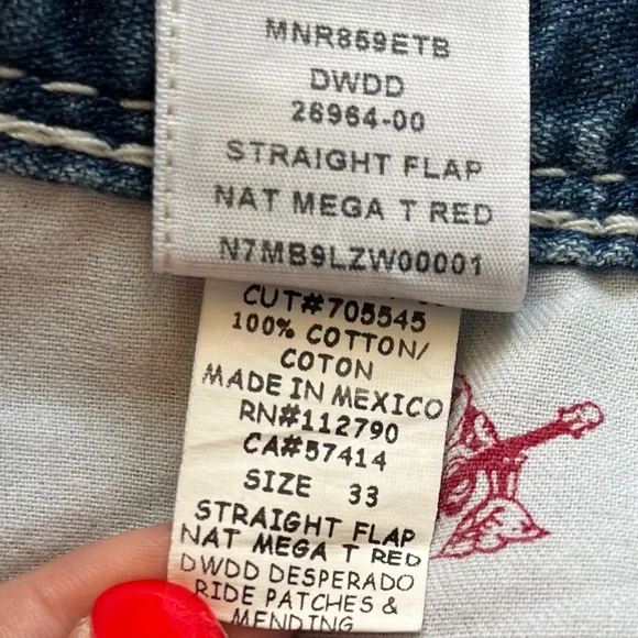 True Religion Men’s Denim Jeans 33x33 Straight Flap Nat Mega T Red - Picture 12 of 15